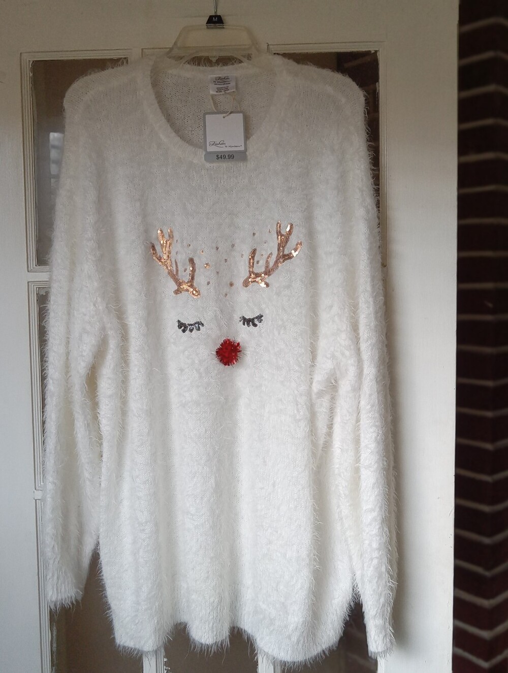 NWT Oversized White Fuzzy Reindeer Christmas Sweater L
